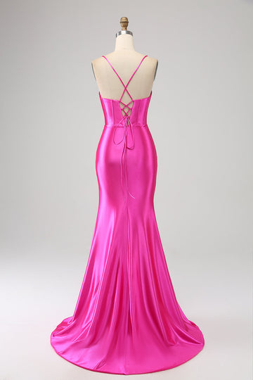 Impresionante vestido de fiesta de corsé fucsia con correas de espagueti de sirena con frente dividido